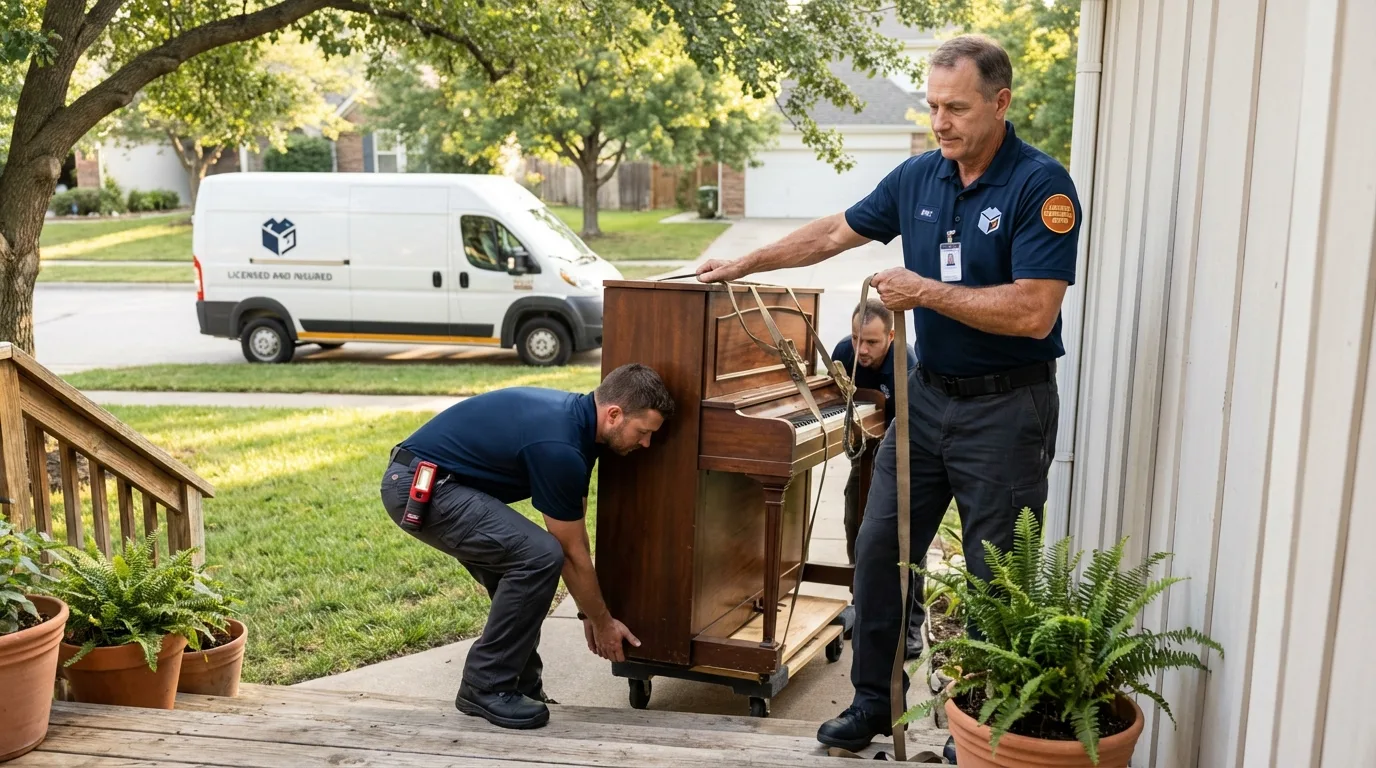 Licensed piano movers securing grand piano in Mannford, OK